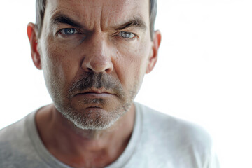 A serious man with a furrowed brow, detached from the surroundings, trimmed from the background, without background. Concept of concentration and focus. Generative Ai.