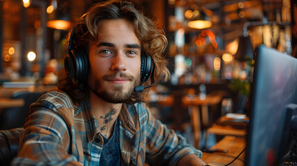 Fototapeta premium Man Wearing Headphones and Looking at a Computer Screen While Sitting in a dimly lit Room