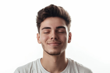 Fototapeta premium A man with a relaxed smile and closed eyes, separated from the environment, isolated from the background, with no background. Concept of relaxation and tranquility. Generative Ai.