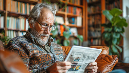 An elderly man is comfortably seated on a couch, engrossed in reading a newspaper