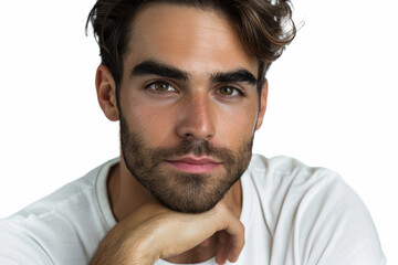 Fototapeta premium A man with a thoughtful expression and hand on chin, detached from the surroundings, cropped from the background, with no background. Concept of introspection and contemplation. Generative Ai.
