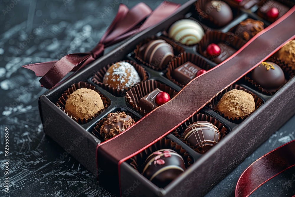 Poster An elegant box of assorted chocolate truffles with decorative ribbons, placed on a table. Generative AI
