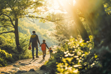 Fototapeta premium Happy parents and children hiking together in nature reserve, sunlight filtering through trees.