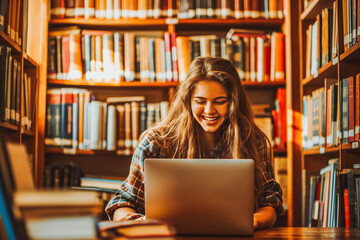 Happy student studying with laptop in sunlit library, surrounded by books.