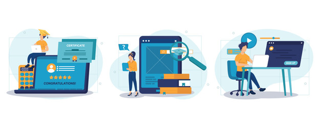 Distance education isolated cartoon vector collection of scenes. Choosing online course, signing up for a distance learning, get a digital diploma, online degree certificate, enrollment vector cartoon