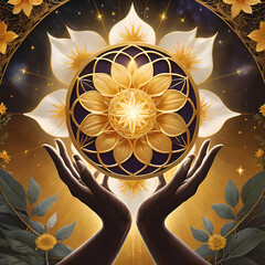 Spiritual lines and patterns with a shining star against a golden Flower of Life background, a holistic theme of healing.