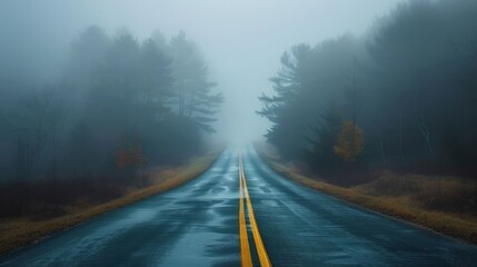 An empty road on a foggy day, surrounded by misty trees. The wet surface reflects the haunting and serene mood of the scene.