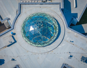 Aerial panoramic view of glass dome on the roof