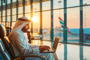 Middle Eastern businessman using a laptop in an airport lounge as the sun sets.