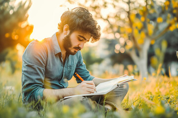 Middle Eastern male author writing in his notebook in a peaceful garden at sunset. - Powered by Adobe
