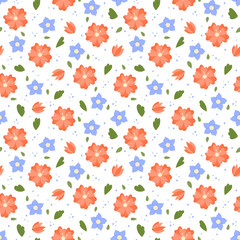 Flowers pattern vector. Cute floral seamless white background. Repeating illustration of hand drawn botanical elements