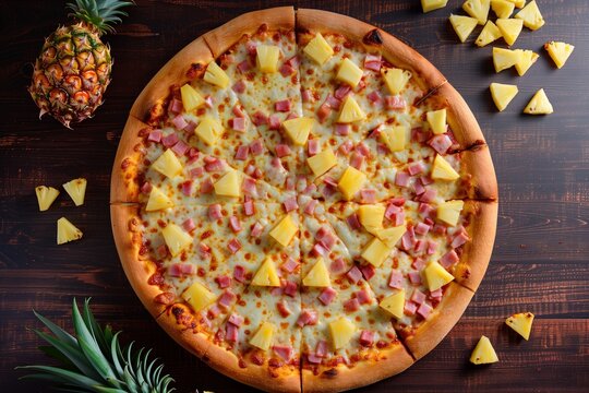 An overhead shot of a Hawaiian pizza on a dark wooden table, with a scattering of fresh pineapple chunks and ham around it. The tablea??s texture adds depth to the image.