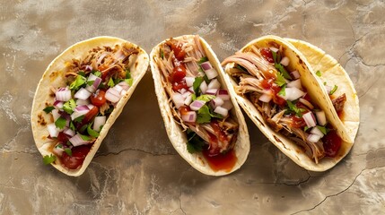 three mexican pork carnitas tacos flat lay composition