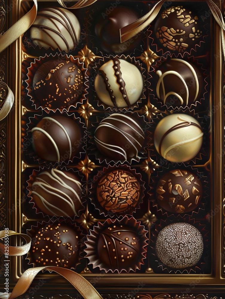 Aufkleber elegant box of assorted chocolate truffles adorned with ribbon, showcasing rich dark colors and luxu