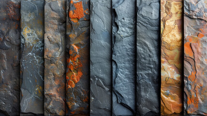 Fototapeta premium Slate Serenity: Dive into the richness of slate, featuring a fine-grained texture with layers of earthy colors, including deep charcoal,