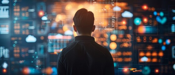Man analyzing abstract digital data on multiple screens. Futuristic technology concept with glowing user interface elements and visual analytics.