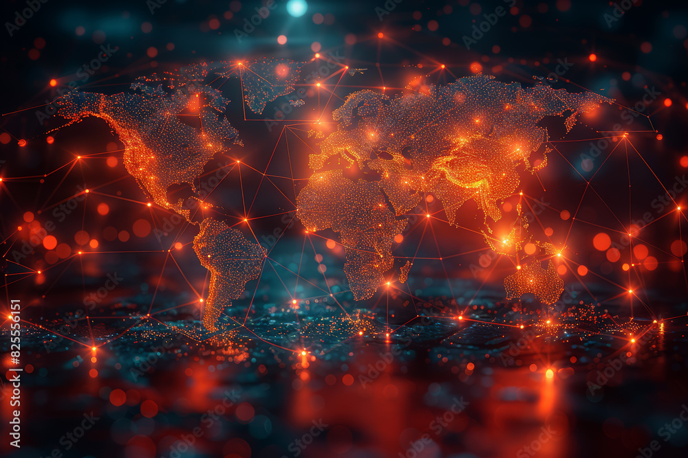 Poster a network of interconnected lines and dots on a world map, symbolizing the interconnectedness of glo