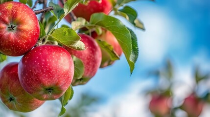 Obraz premium Red apples in a garden. Delicious organic crab apples hanging on a branch of a crab apple tree in the summer sunshine.