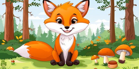 Adorable Smiling Cartoon Fox Sitting in Forest with Mushrooms, Surrounded by Trees and Greenery, Perfect for Children's Illustrations