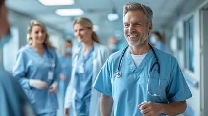 Smiling Doctor with Stethoscope in Hospital Hallway