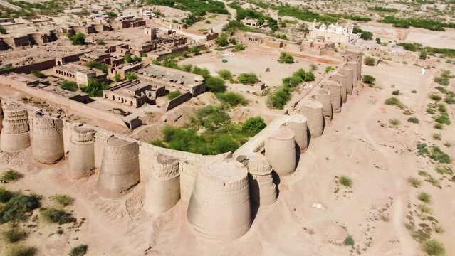 Panoramic View to the Derawar Fort. Ariel Drone View of Derawar Fort (Qila Derawar). Derawar Fort was originally founded as a Bhati fort in the 9th century CE. Qila Derawer  in Cholistan Thar Desert.