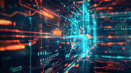 Fototapeta premium Cybersecurity Network on High-Tech Interface: Dynamic and Dramatic Layout