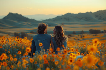 Fototapeta premium A couple enjoying a picnic in a grassy meadow. Concept of leisure and love. Generative Ai.