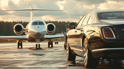 Luxury and air travel - private jet and executive car on runway