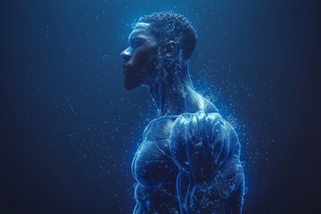 A detailed wireframe illustration of body parts with muscles, connected by dots on a dark blue background, symbolizing physical power and athleticism in a modern digital style