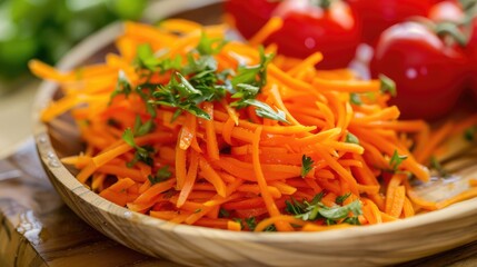 Close up of shredded carrots and tomatoes arranged on a wooden plate
