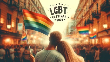 LGBT Couple holding a rainbow flag 2025 Pride lgbtq gay festival Month holiday Vector illustration