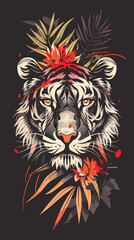 Tiger with tropical flowers and leaves. Hand drawn vector illustration