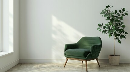 3D Render of Minimal Living Room: White Wall and Green Armchair