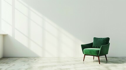 3D Render of Minimal Living Room: White Wall and Green Armchair