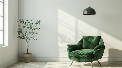 Minimalist Living Room Scene: Green Armchair and White Wall - 3D Render