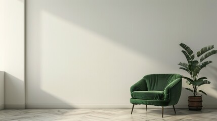 Minimalist Living Room with Green Armchair Against Empty White Wall - 3D Render