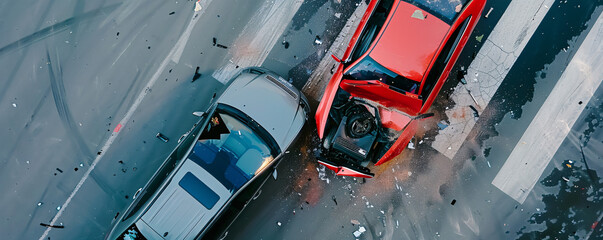 Aerial view of a car accident on asphalt road