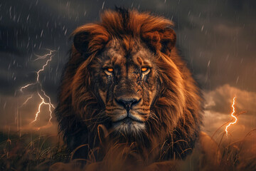 A lion with a fiery mane is depicted in a painting with a stormy sky in the background. The lion's...