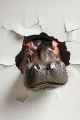  Hippo head breaking through wall for humorous and creative advertising concept in commercial design and marketing.
