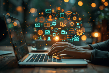 close up hands typing on a laptop with holographic icons related to marketing and various digital activities floating above, symbolizing modern technology and connectivity