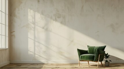 Green Armchair in Minimalist Style Living Room with White Wall - 3D Render