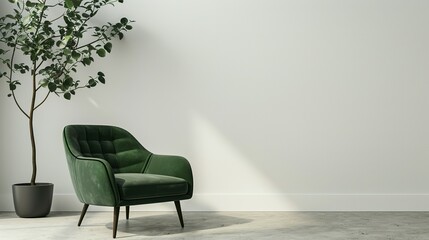 Green Armchair in Minimalist Style Living Room with White Wall - 3D Render