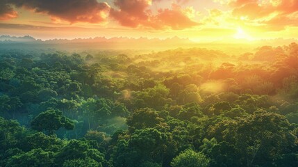 Beautiful green amazon forest landscape at sunset sunrise