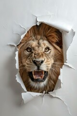  Lion's face bursting through broken wall, fierce and powerful expression for advertising, creativity, wild animal theme