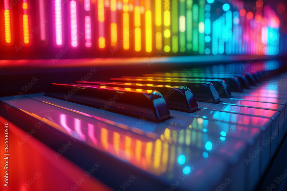 Wall mural black and white piano keys against a background of multicolored stage lights. concept of music and p