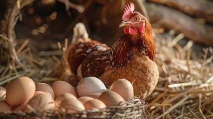 A basket of eggs nestled in hay, with a hen peeking in the background.