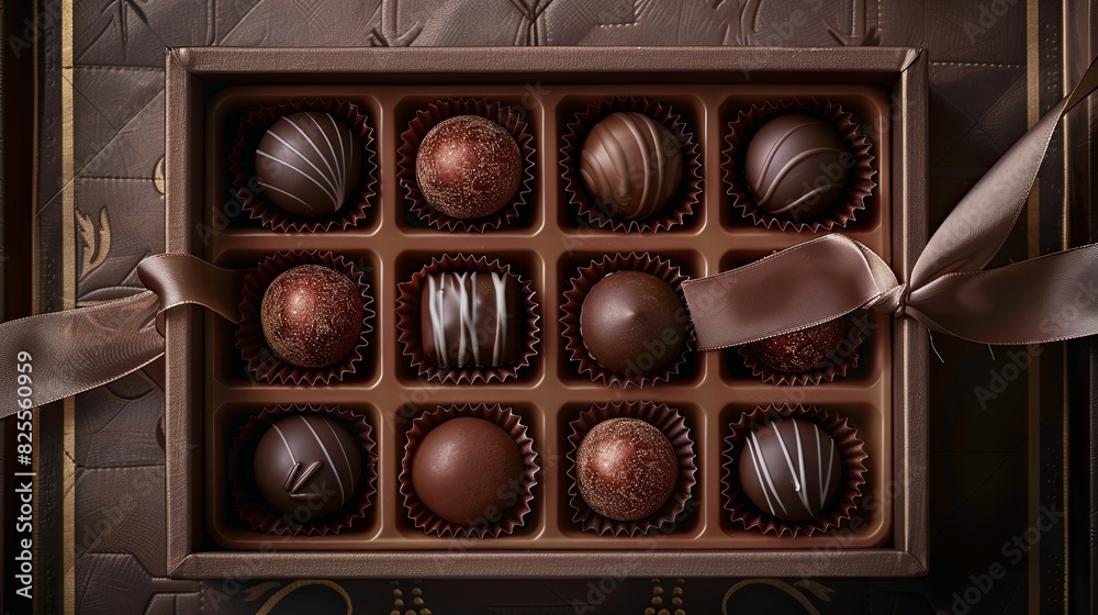 Poster elegant box of chocolate truffles adorned with a ribbon, showcasing high detail and rich dark colors