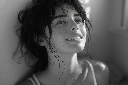 A radiant smile lighting up a room, eyes crinkling with joy as laughter bubbles forth from the depths of the soul. Concept of unbridled happiness. Generative Ai.