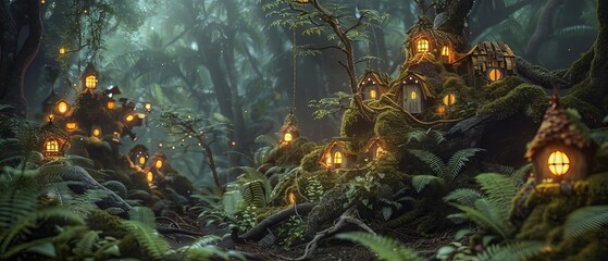A mystical forest with a hidden fairy village, tiny houses made of natural materials, glowing softly among the roots and ferns