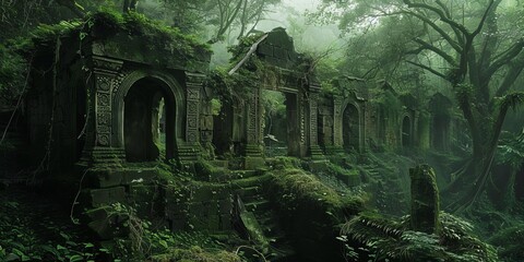 A mystical forest where ancient ruins lie hidden among the trees, partially covered in moss and vines, creating an air of mystery and history